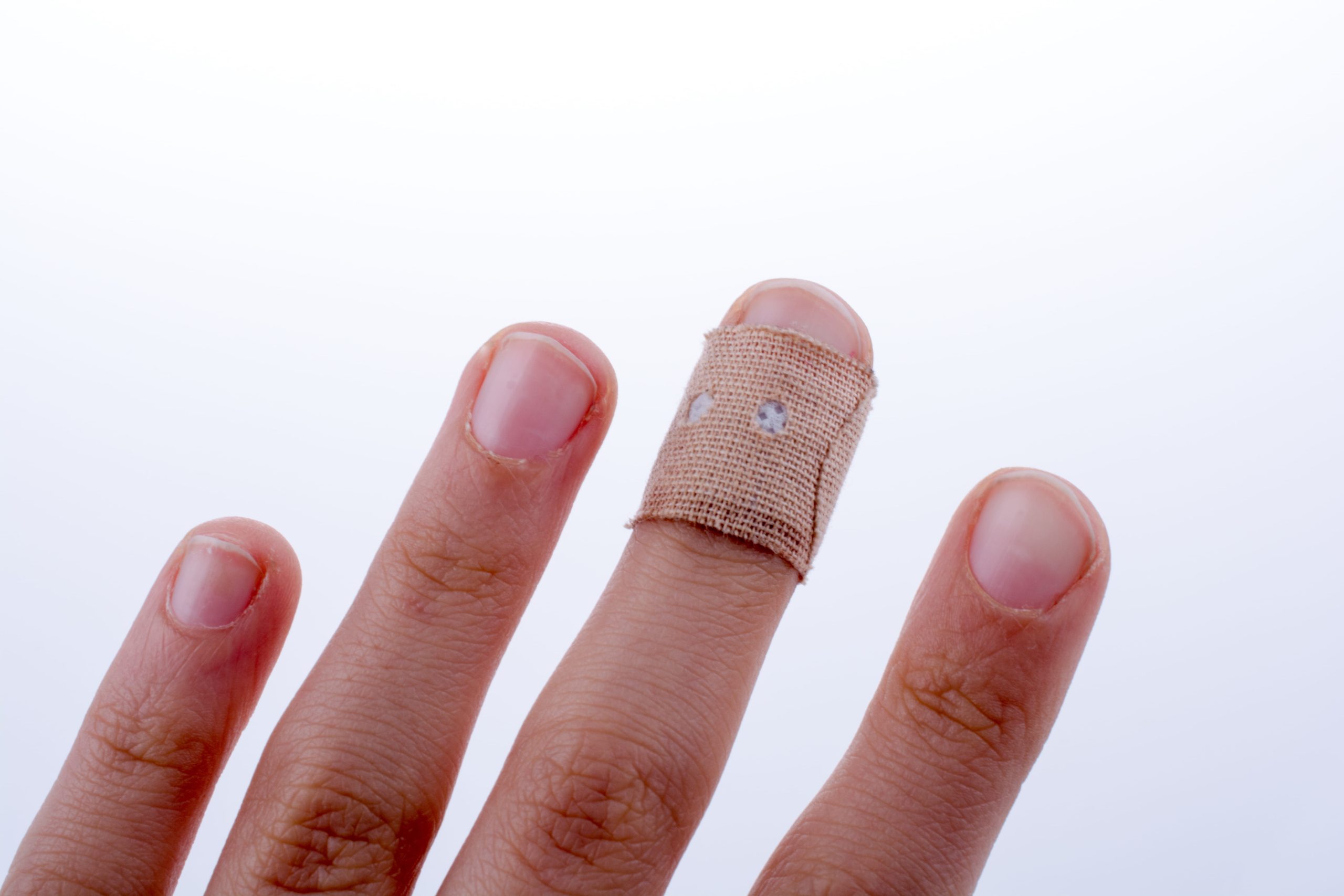 A close-up of a finger covered with an adhesive bandage on a white background.